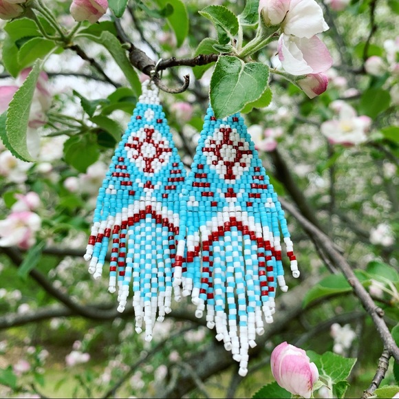 Blue Handmade Winter Sun Fringe Hook Earrings - Picture 2 of 2